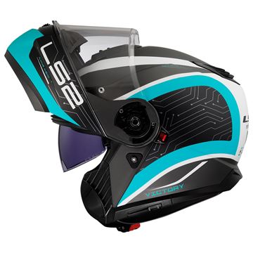 LS2 STROBE 2 VICTORY MAT TITANIUM-BEYAZ-METAL MAVİ KASK ÇENE AÇILIR Resimi
